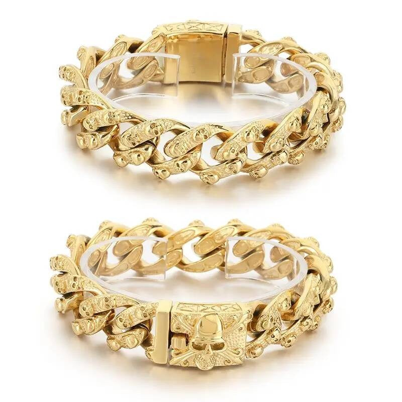 20mm Fashion Male Skeleton Bracelet Stainless Steel Retro Cross Vintage Black All Skull Chain Bracelets Jewelry Gold Color