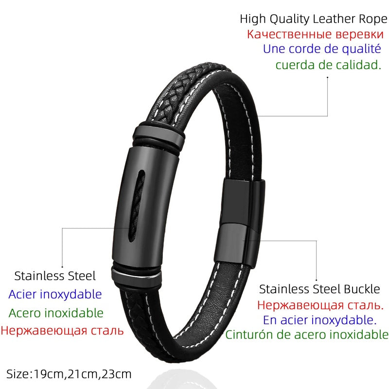 Personality Geometric Stainless Steel Bracelets Jewellry Black Weave Leather Chain Bangles for Man Women Friendship Gifts
