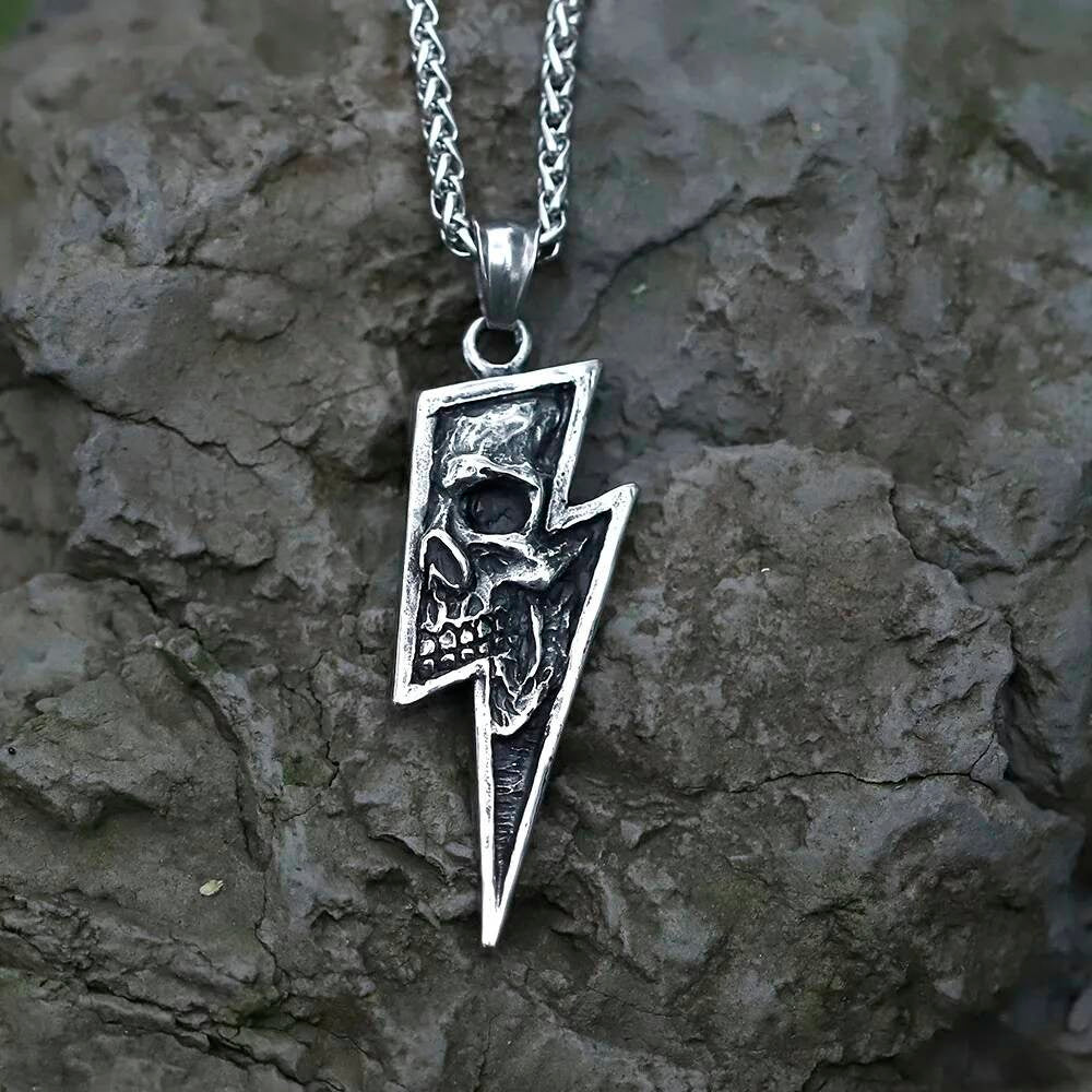 316L Stainless Steel Skull Lightning Pendant Necklace Punk Gothic Jewelry