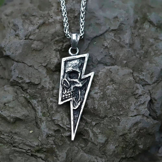 316L Stainless Steel Skull Lightning Pendant Necklace Punk Gothic Jewelry