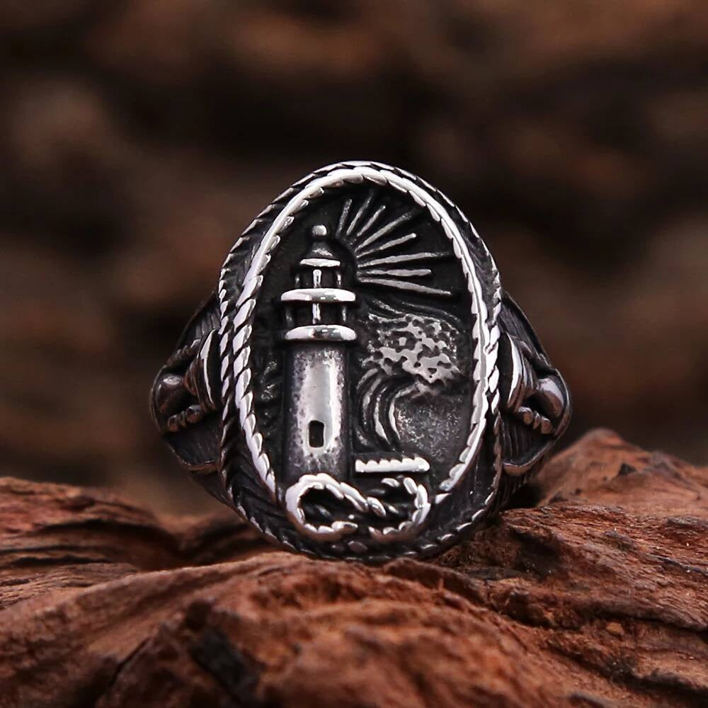 Vintage Viking Lighthouse Ring – 316L Steel Nautical Signet Band