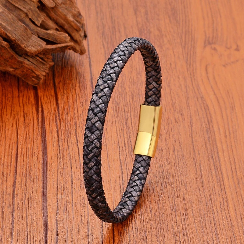 Black Braided Leather Bracelet with Green Jade Beads - Stylish Multi-Layer Magnetic Clasp Jewelry for Casual Wear and Gifts Style A-Gold