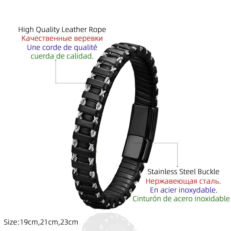 Summer Jewelry,Men's Vintage Hand-Woven Leather Cuff Bracelet,Charm Stainless Steel Magnetic Bracelet for Men, Pulsera Hombre