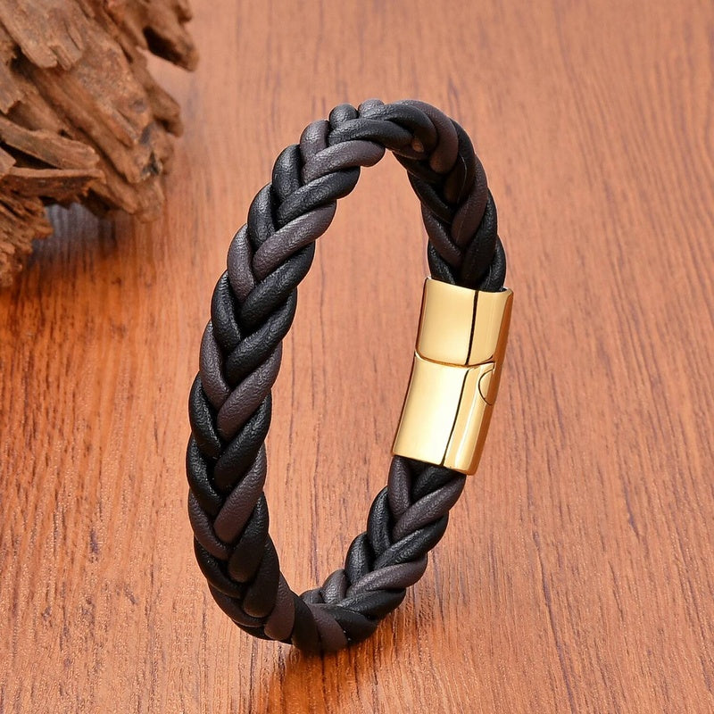 Retro Punk Style Men Gift Jewelry Braided Leather Rope Bracelets Stainless Steel Magnetic Buckle Personalized Bracelet Style C-Gold