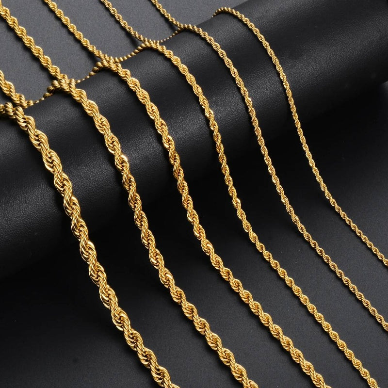 1 piece Gold Color Width 2mm/2.5mm/3mm/4mm/5mm/6mm Rope Necklace/Bracelet For Men Women Stainless Steel Chain Necklace