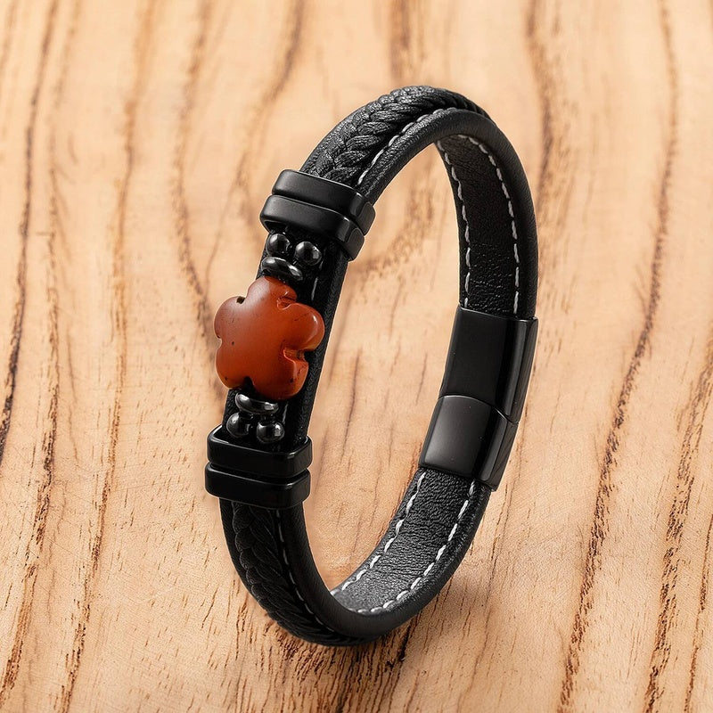 Black Braided Leather Bracelet with Green Jade Beads - Stylish Multi-Layer Magnetic Clasp Jewelry for Casual Wear and Gifts Black-B