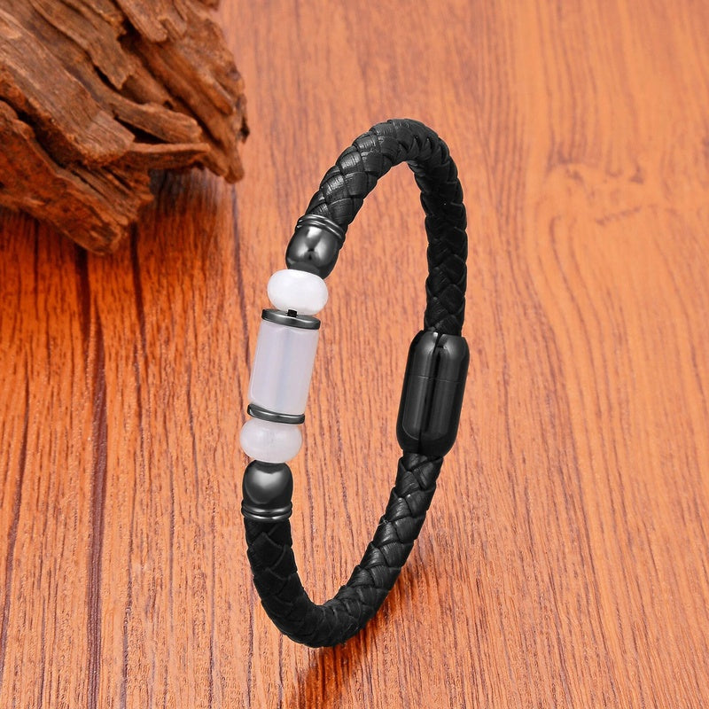 Black Braided Leather Bracelet with Green Jade Beads - Stylish Multi-Layer Magnetic Clasp Jewelry for Casual Wear and Gifts Rose Quartz