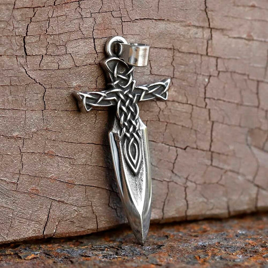 Celtic Sword Cross Pendant Necklace, Silver Viking Jewelry with Intricate Knot Design