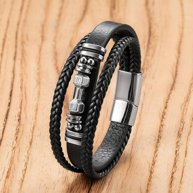 Weave Leather Dumbbell Shape Special Popular Pattern Men's Bracelet for Men Stainless Steel Jewelry Accessories Party Gift Black-A