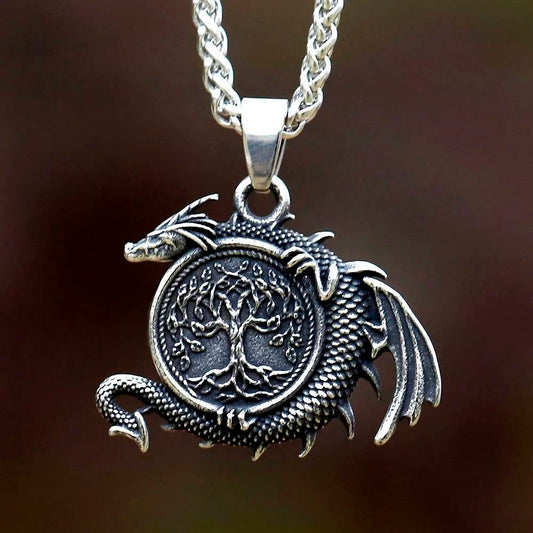 Dragon and Tree of Life Necklace - Norse Mythology Pendant with Celtic Design in Stainless Steel