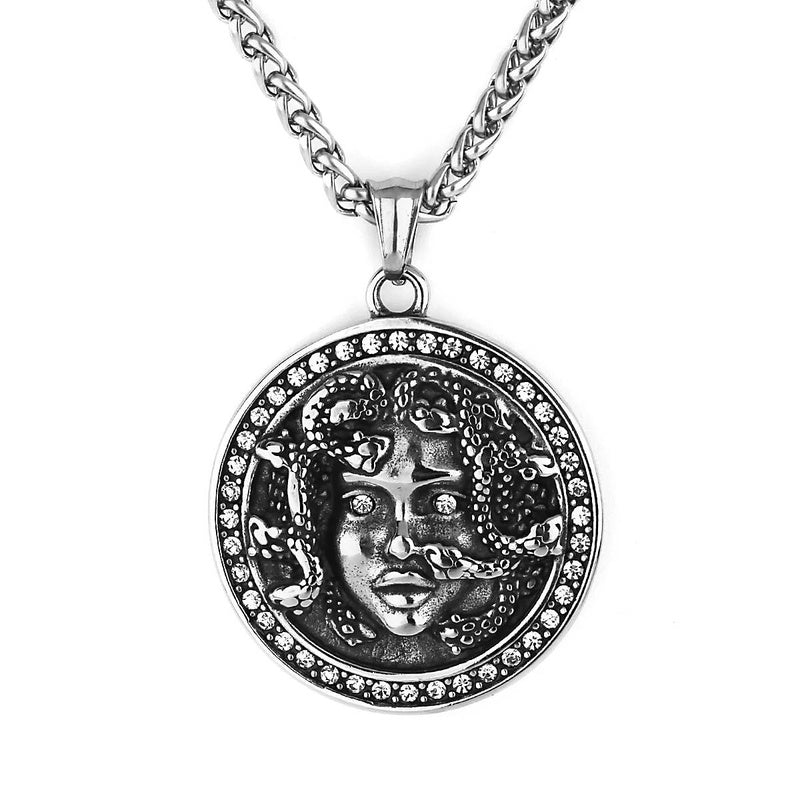 Medusa Pendant with Red Rhinestones – Greek Mythology Medallion Necklace
