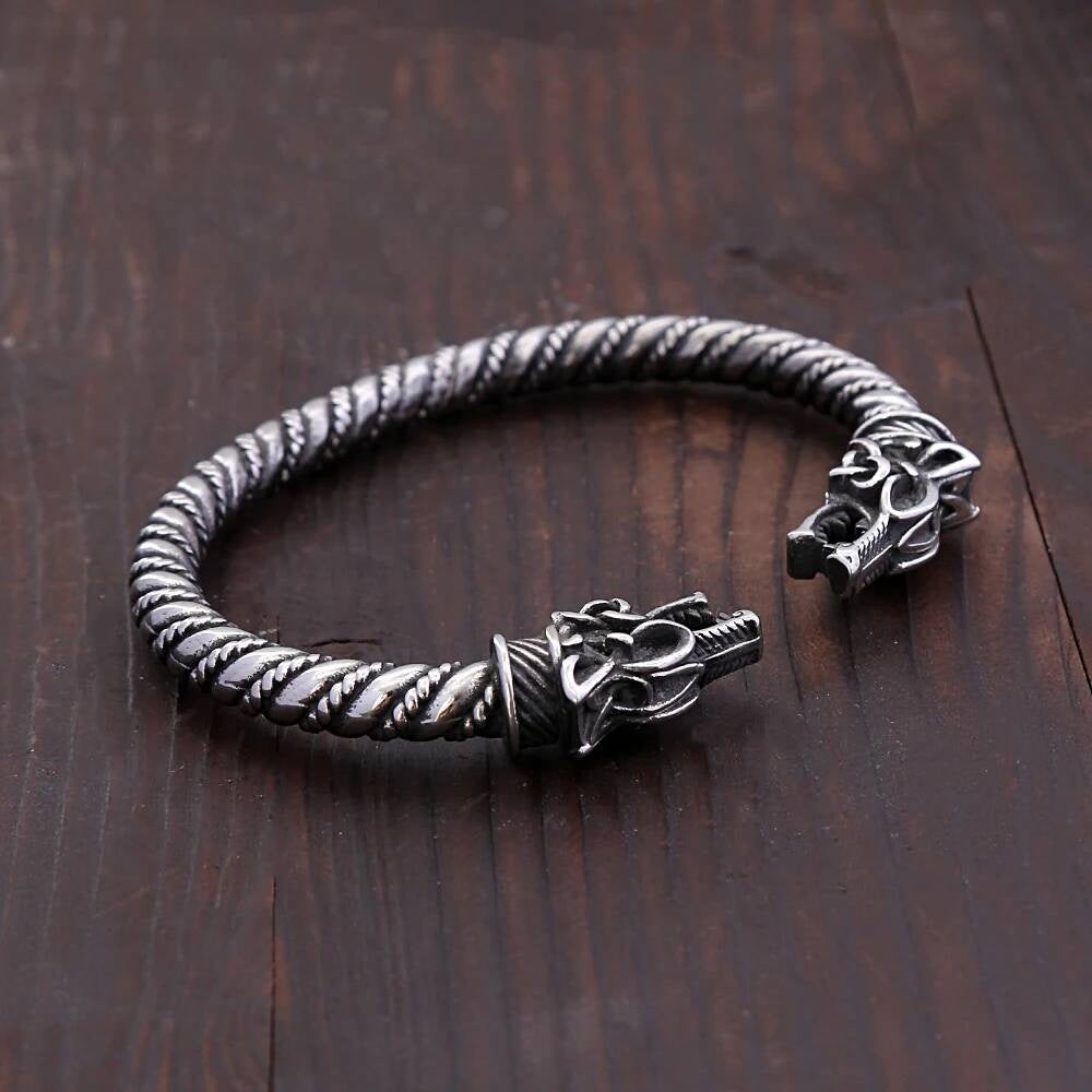 Viking Wolf Head Cuff Bracelet – Norse Mythology Stainless Steel Armring