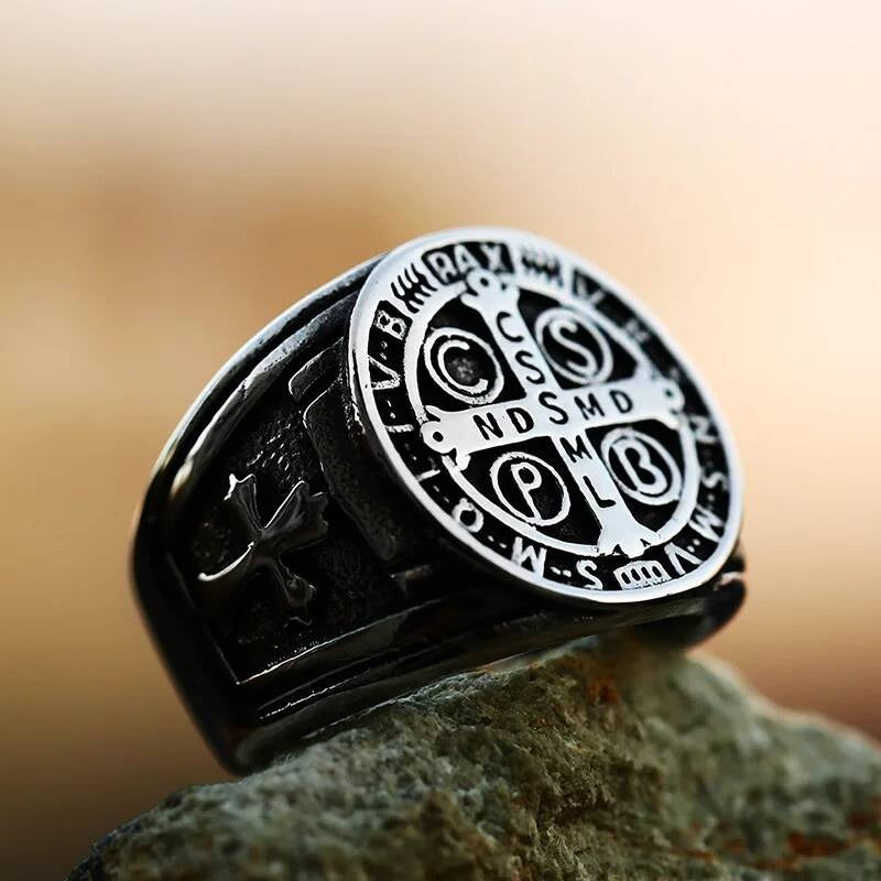 316L Stainless Steel St. Benedict Cross Ring Vintage Religious Band