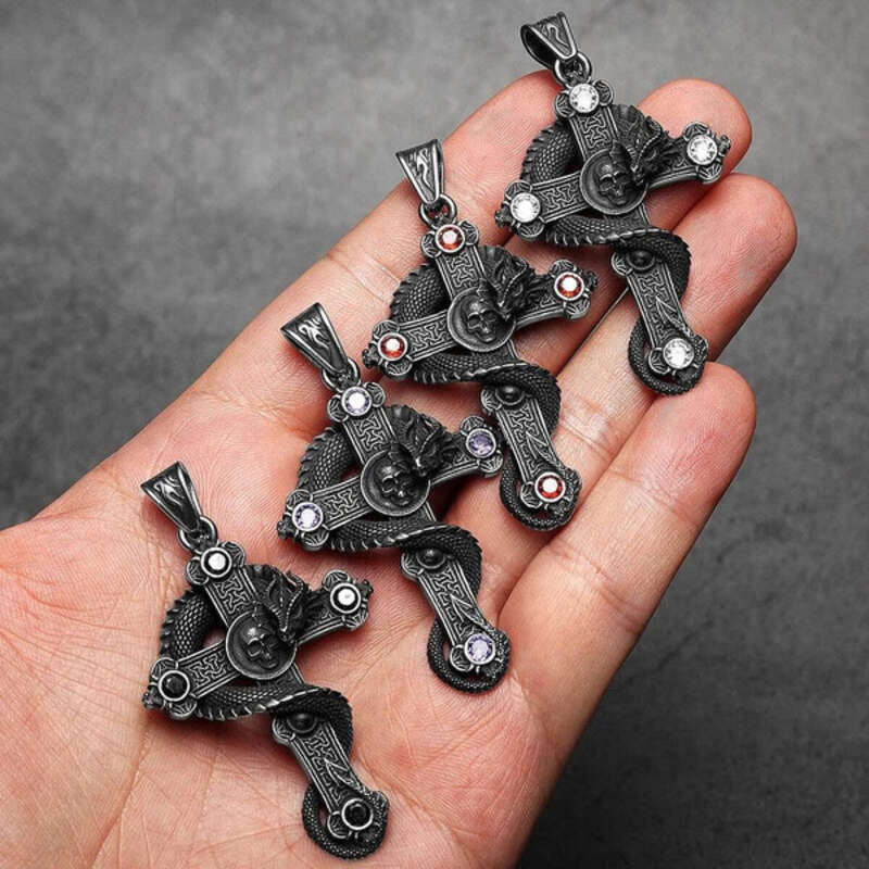 316L Stainless Steel Serpent Sword Cross Pendant Necklace with Gemstones