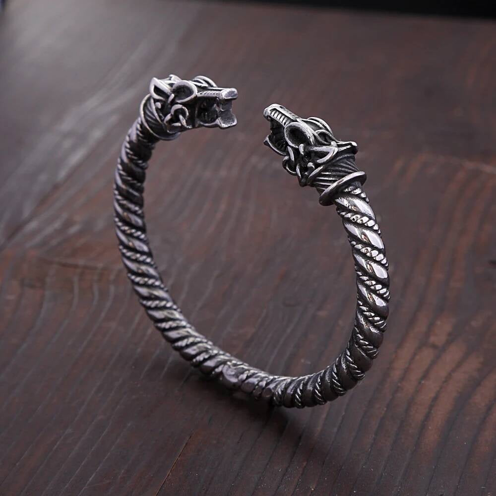 Viking Wolf Head Cuff Bracelet – Norse Mythology Stainless Steel Armring