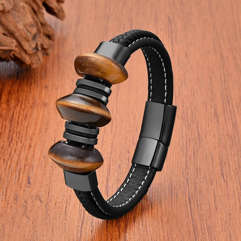 Black Braided Leather Bracelet with Green Jade Beads - Stylish Multi-Layer Magnetic Clasp Jewelry for Casual Wear and Gifts Tiger Eye