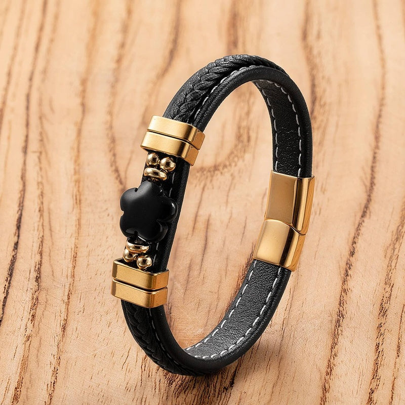 Black Braided Leather Bracelet with Green Jade Beads - Stylish Multi-Layer Magnetic Clasp Jewelry for Casual Wear and Gifts Gold-E