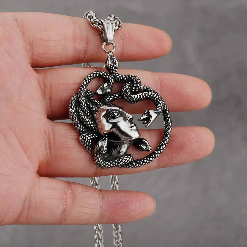 Medusa Pendant with Red Rhinestones – Greek Mythology Medallion Necklace