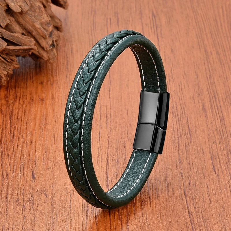 Vintage Men Europe and America Stainless Steel Magnet Open Bangle Multi-Size Woven Leather Hand Rope Classic Party Gift Present Style E-Black