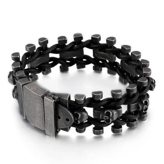 Stainless Steel 316L Skull Head Bracelet Men Pirate Viking Biker Jewelry With Black Genuine Leather