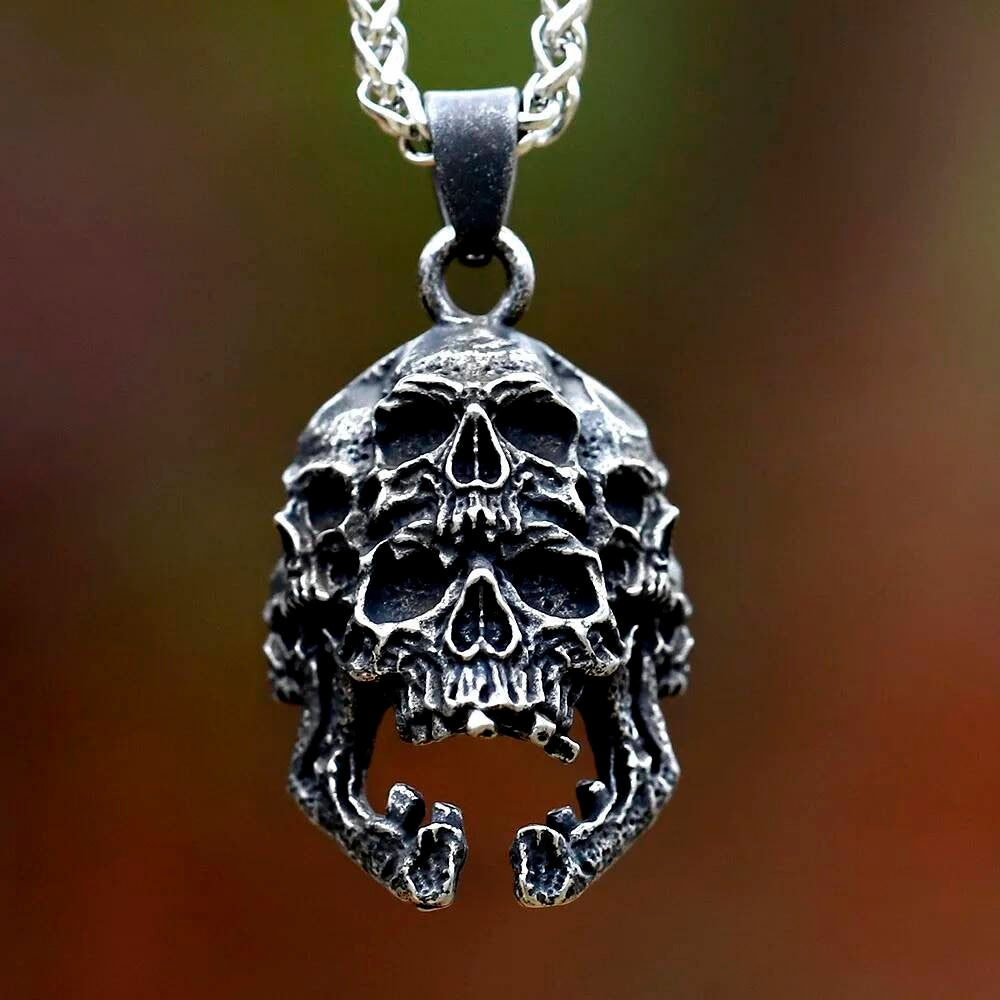 Stacked Skull Pendant Necklace, Silver Gothic Jewelry with Dark Symbolism