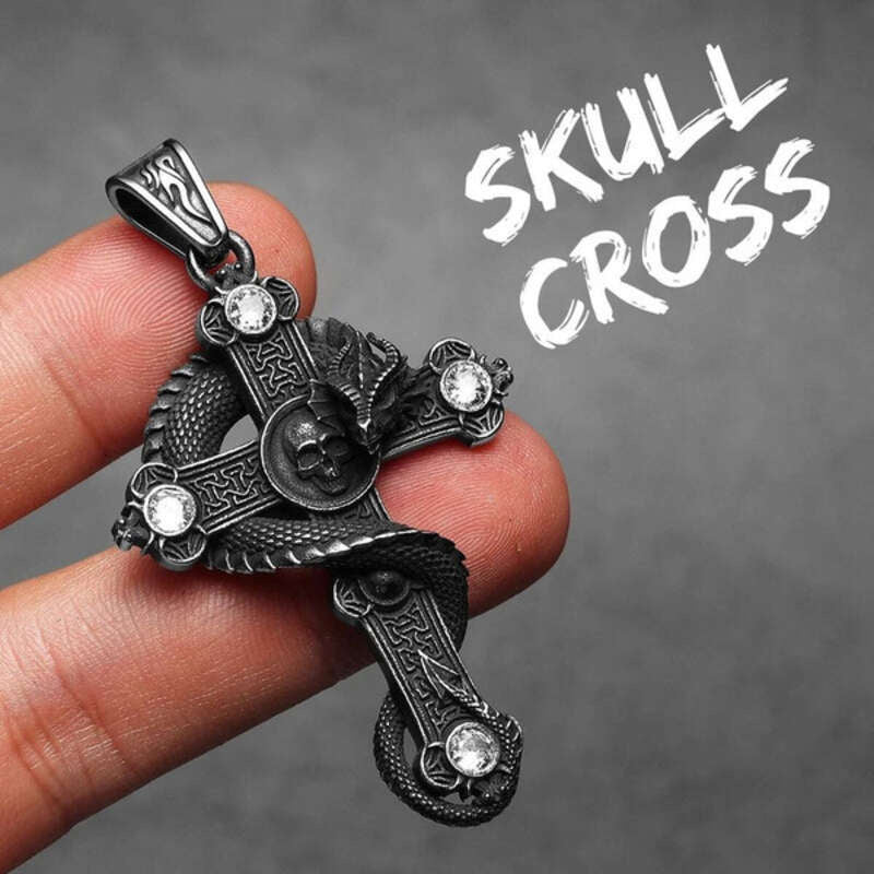 316L Stainless Steel Serpent Sword Cross Pendant Necklace with Gemstones N1362-Only Pendant-S