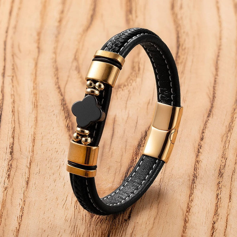 Black Braided Leather Bracelet with Green Jade Beads - Stylish Multi-Layer Magnetic Clasp Jewelry for Casual Wear and Gifts Style-B