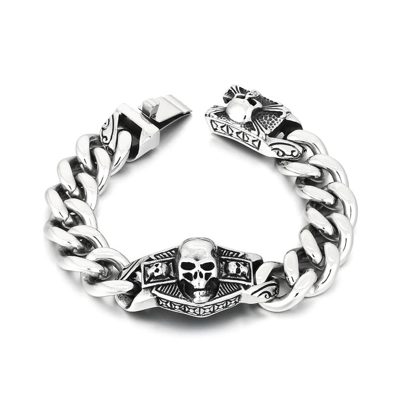 16mm Cuban Chain With Skull Charm Bracelet For Men 316L Stainless Steel Punk Jewelry