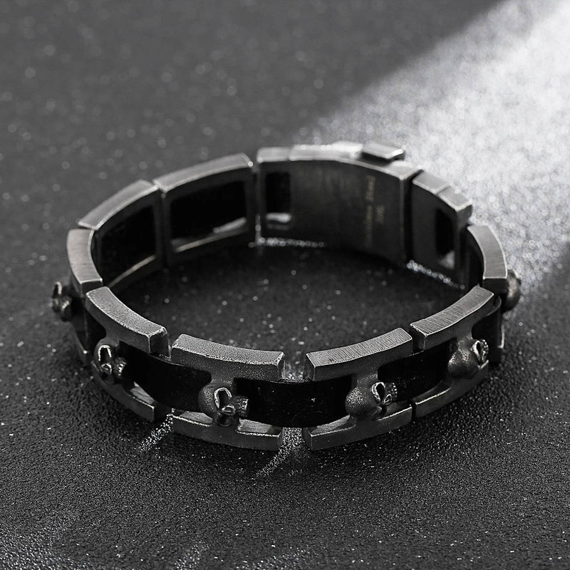 Mens Stainless Steel 316L Skull Link Chain Bracelet With Real Black Cowhide Leather
