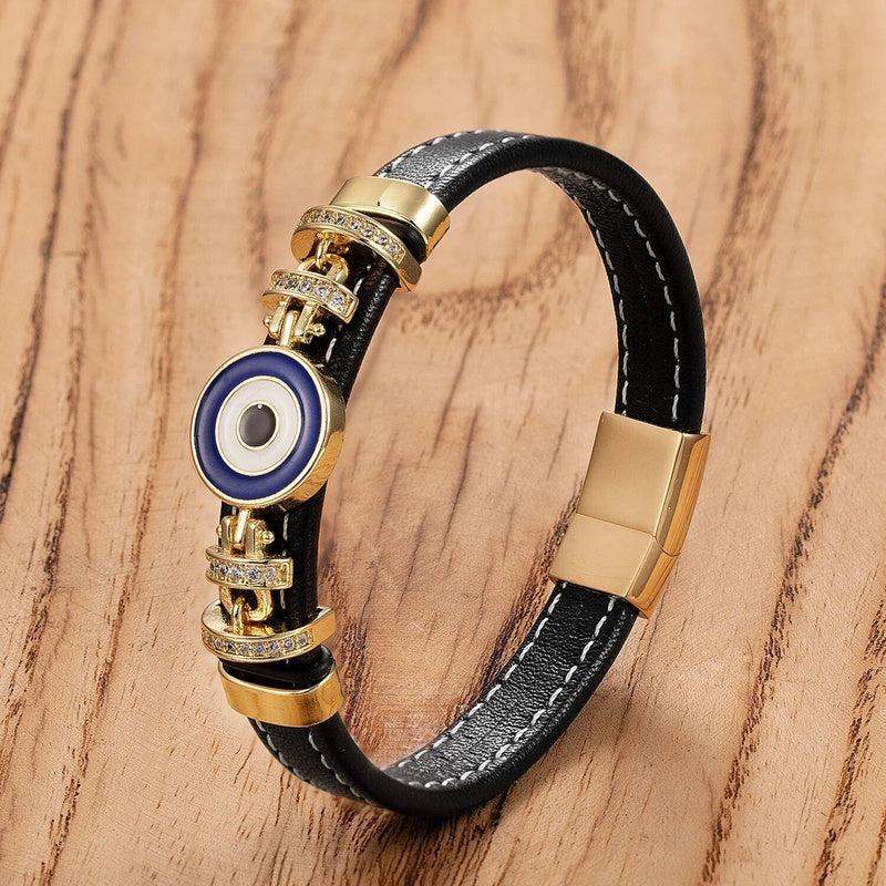 Woven Leather Turkish Blue Evil Eye Zircon Bracelet Punk Stainless Steel Jewelry Fashion Charm Valentines Day Gift Gold-C