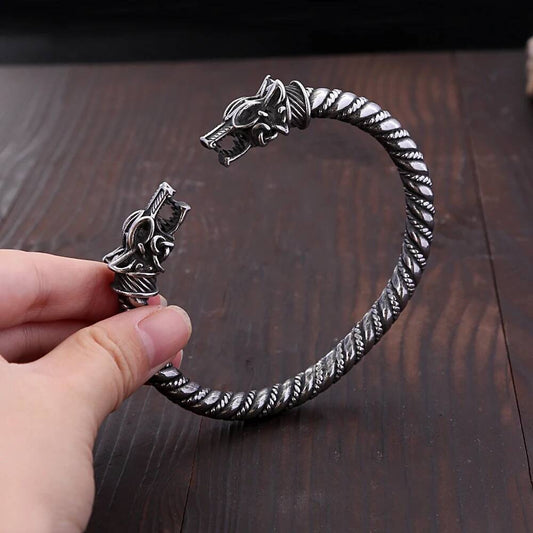 Viking Wolf Head Cuff Bracelet – Norse Mythology Stainless Steel Armring