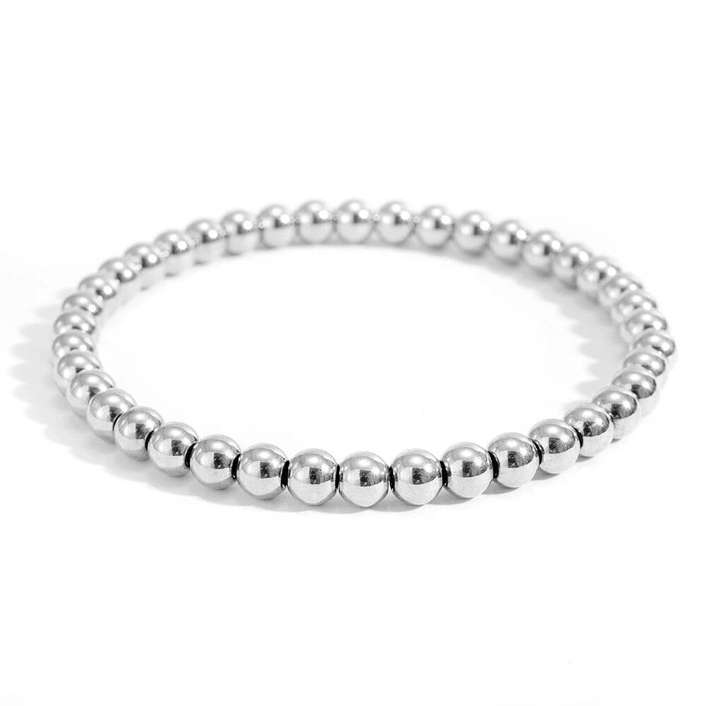 Gold Bead Bracelet – 316L Stainless Steel Polished Ball Beads Elastic Wristband, Minimalist Unisex Jewelry 6mm 22cm