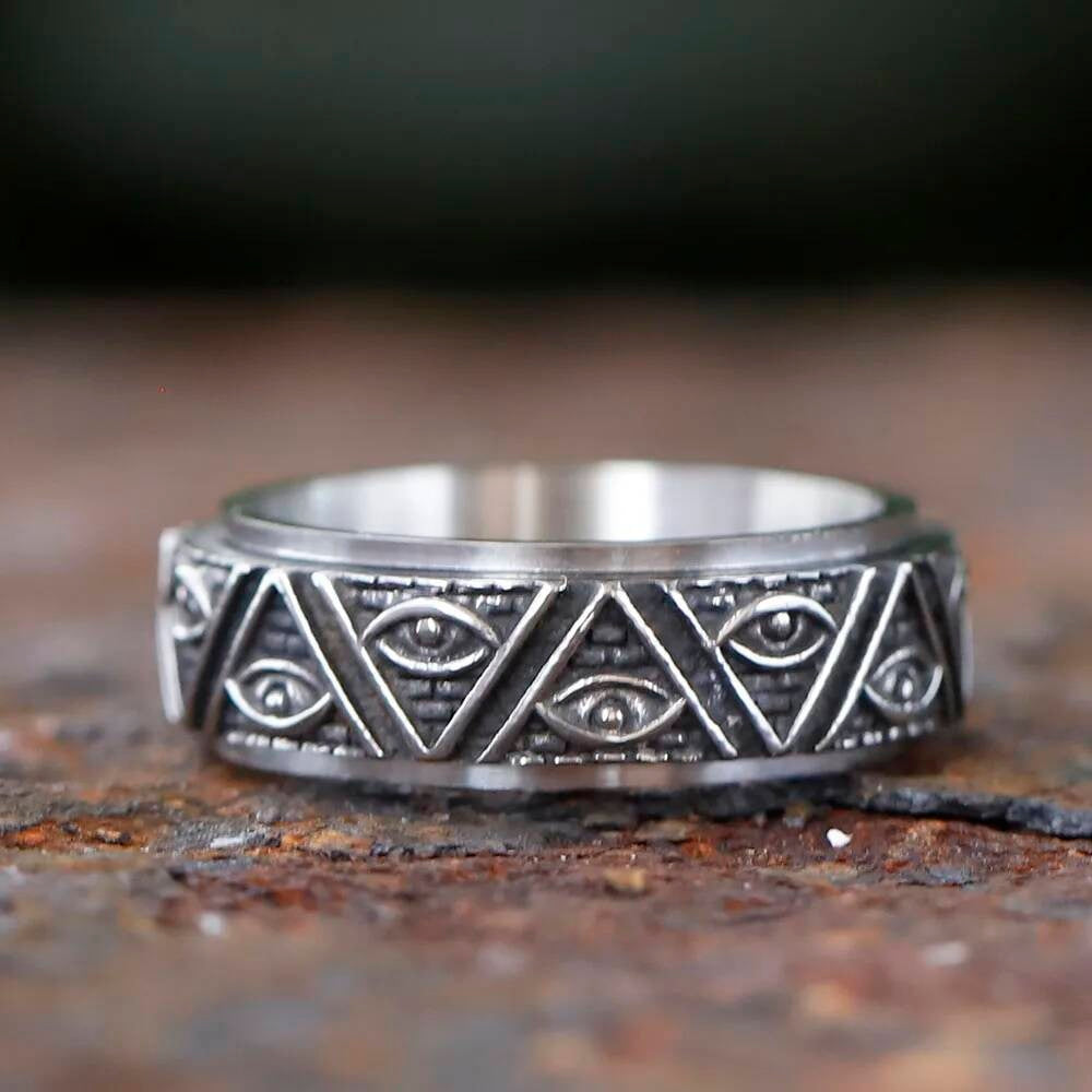 Rotating Eye of Horus Pyramid Ring – 316L Stainless Steel Mythic Statement Band