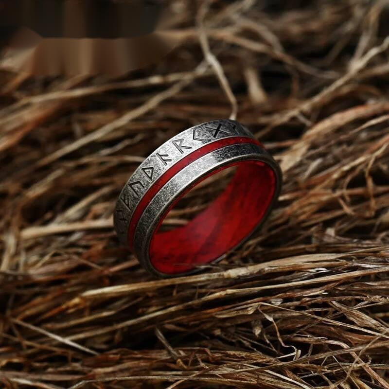 316L Stainless Steel Norse Rune Ring Red Vintage Viking Band