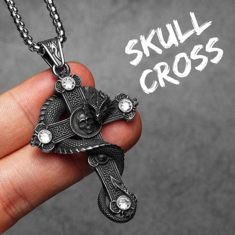 316L Stainless Steel Serpent Sword Cross Pendant Necklace with Gemstones N1362-With Chain-S