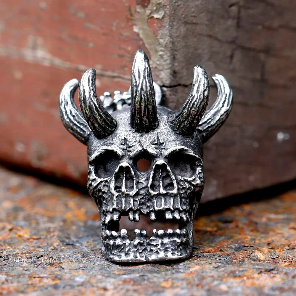 Demon Skull Pendant – Horned Gothic Stainless Steel Necklace