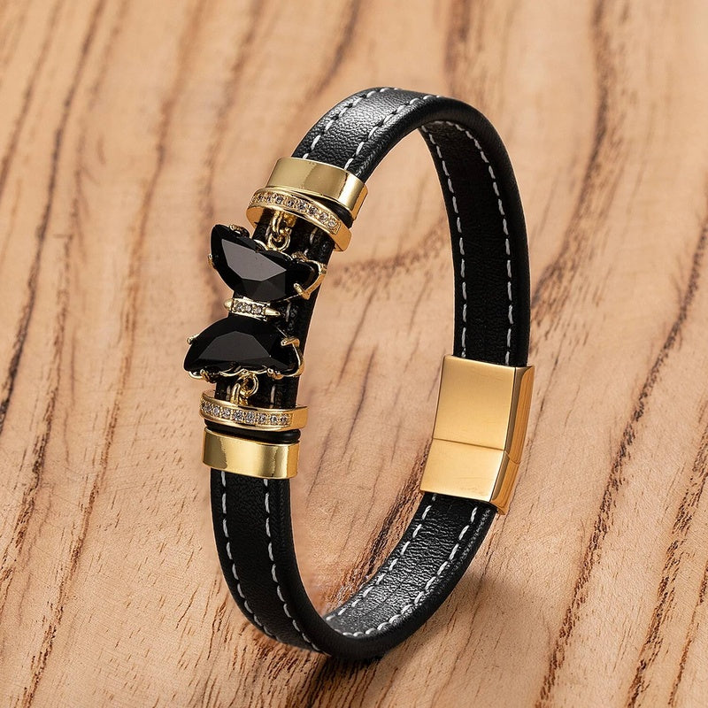 Men's Black Leather Gold Bow Accent Bracelet for Special Occasions Style-F
