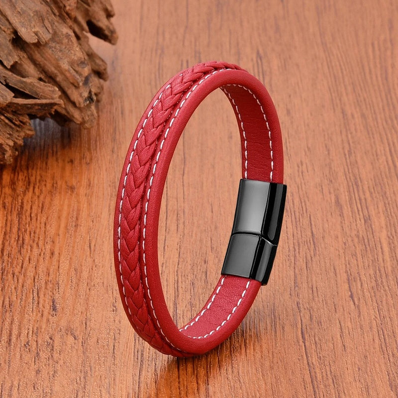 Vintage Men Europe and America Stainless Steel Magnet Open Bangle Multi-Size Woven Leather Hand Rope Classic Party Gift Present Style C-Black