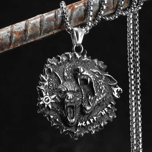 Viking Double Wolf Head Pendant Necklace – 316L Stainless Steel Norse Amulet