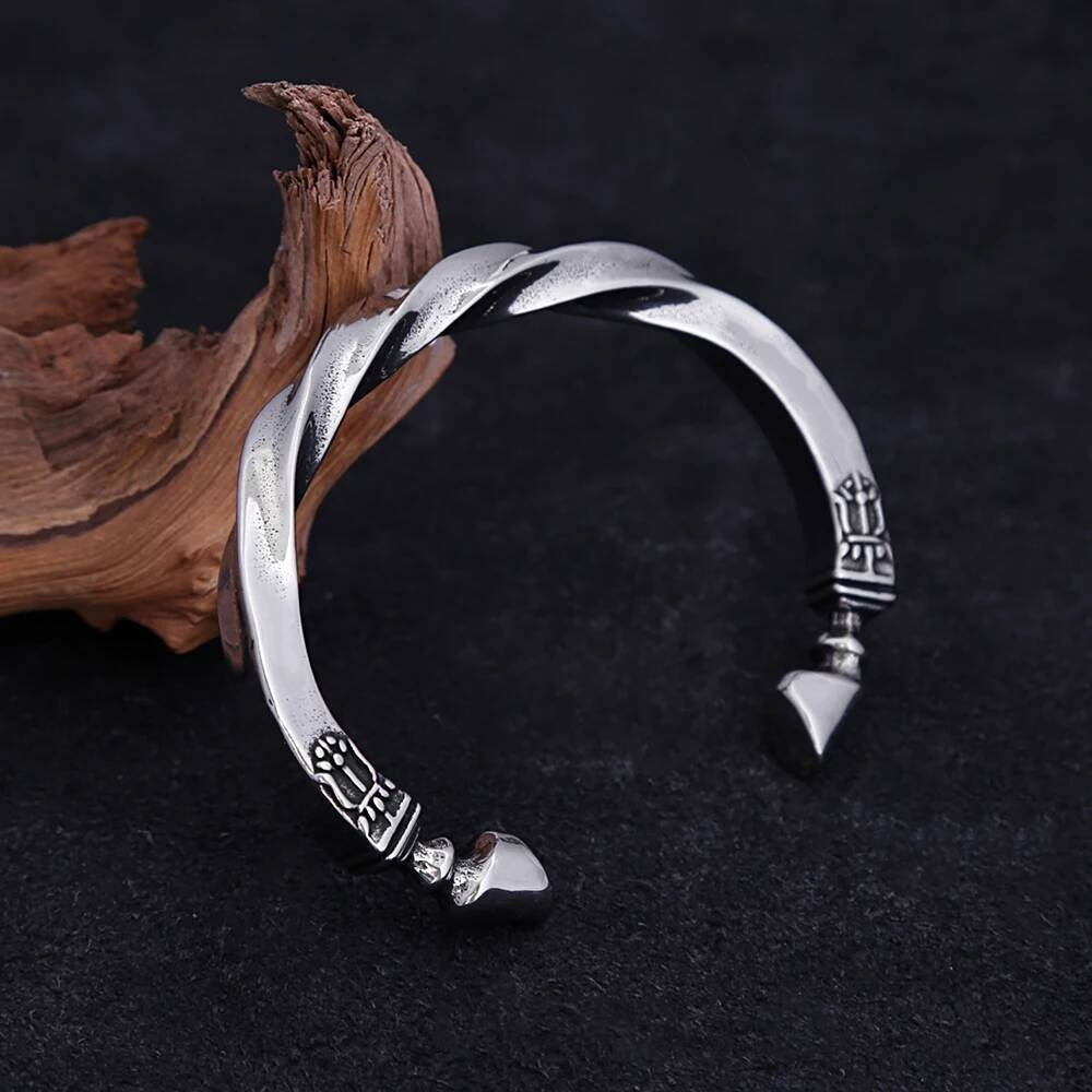 Vintage Twisted Stainless Steel Cuff Bracelet – 316L Silver Bangle with Carved End Details
