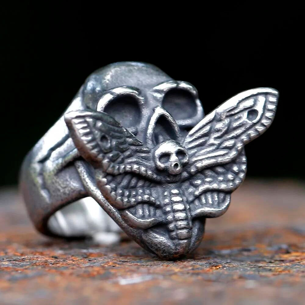 Moth & Skull Stainless Steel Ring - Retro Punk Hip Hop Gothic Men's Jewelry Gift