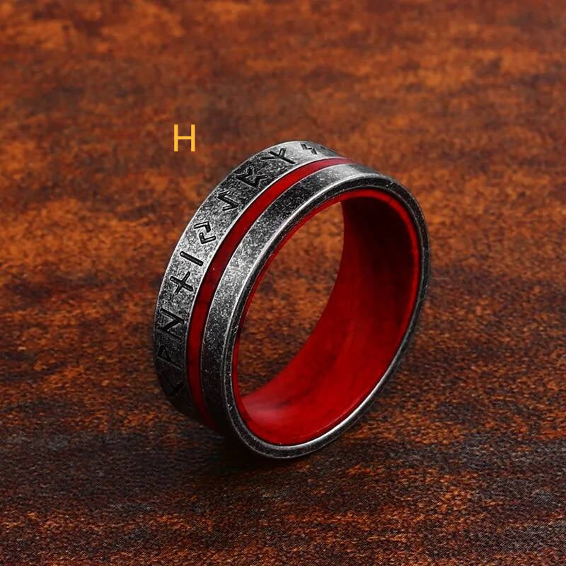 316L Stainless Steel Norse Rune Ring Red Vintage Viking Band