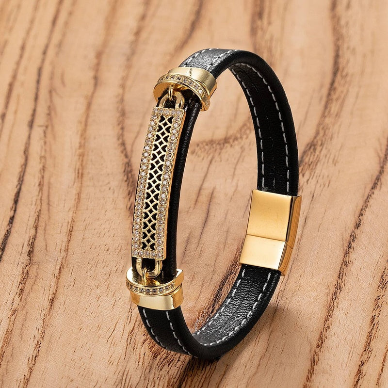 Men's Black Leather Diamond Accent Bracelet for Elegant Gifts Gold-E
