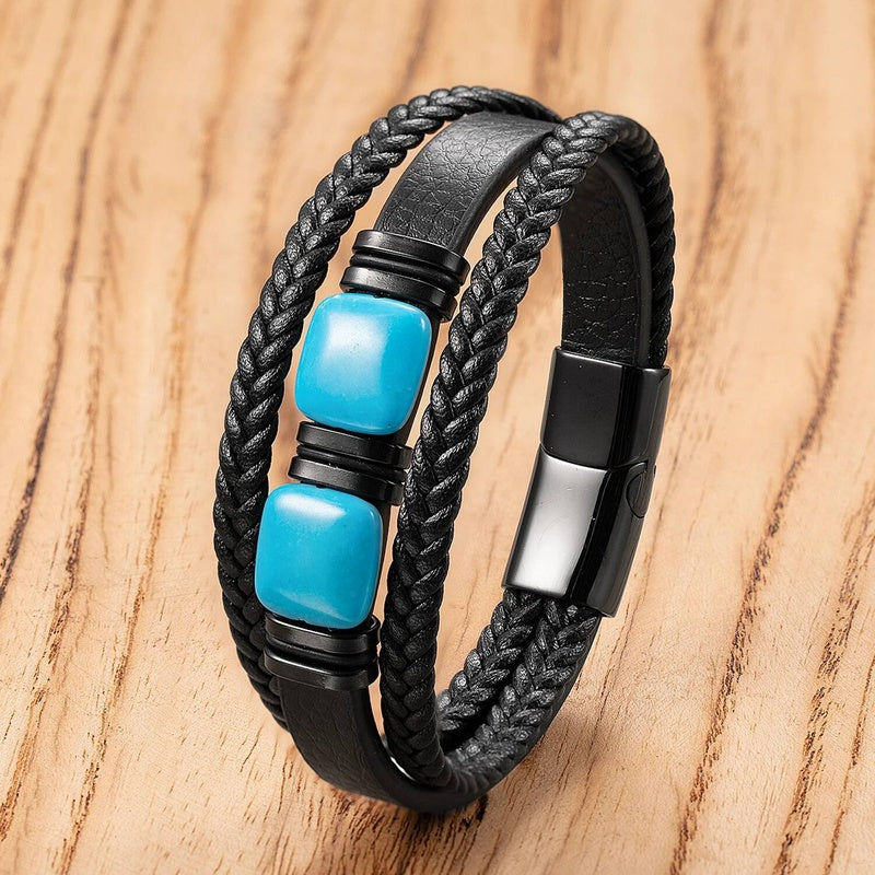 Geometric Stone Bangle Stainless Steel Multilayer Hand Woven Genuine Leather Bracelet For Men Jewelry Gift Style-C