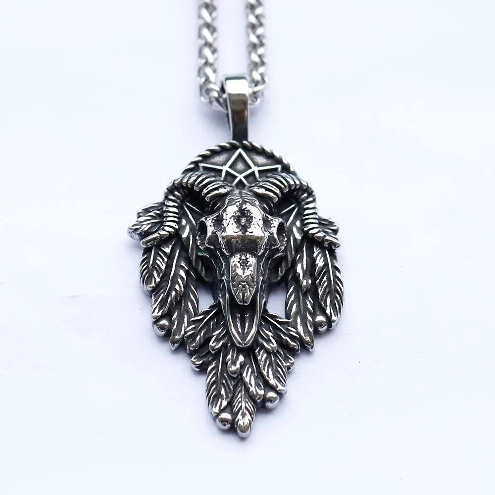 Ram Skull and Feather Pendant Necklace – Mystical Spiritual Jewelry