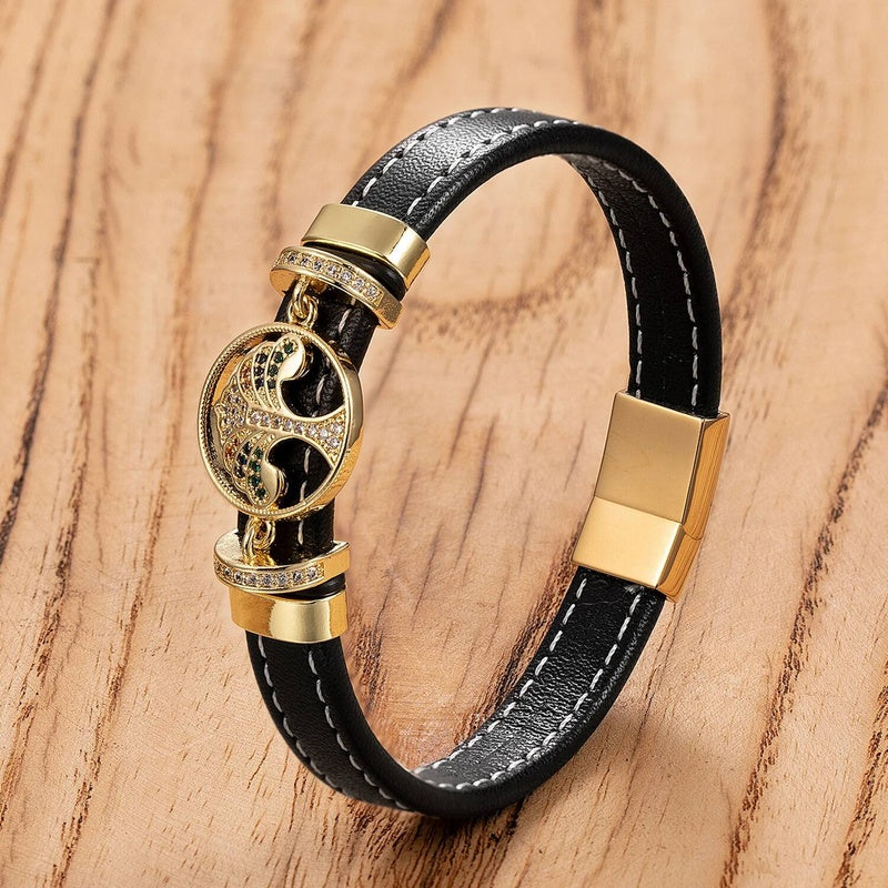 Black Braided Leather Bracelet with Green Jade Beads - Stylish Multi-Layer Magnetic Clasp Jewelry for Casual Wear and Gifts Style-C
