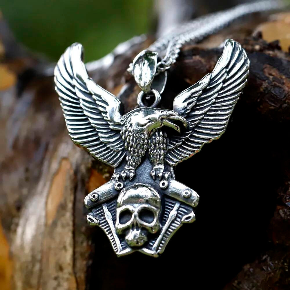 Men’s Stainless Steel Eagle Skull Pendant Necklace Biker Gothic Jewelry