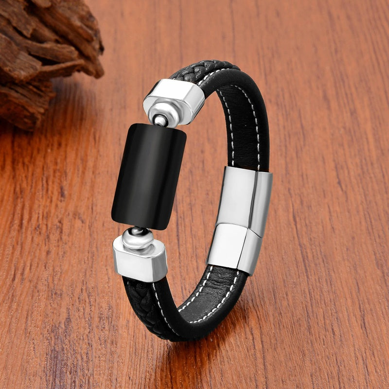 Oblong Agates Tiger Eye Beads Bracelet Women Accessories Leather Bangle Matching Bracelets for Man European and American Black Agate-White