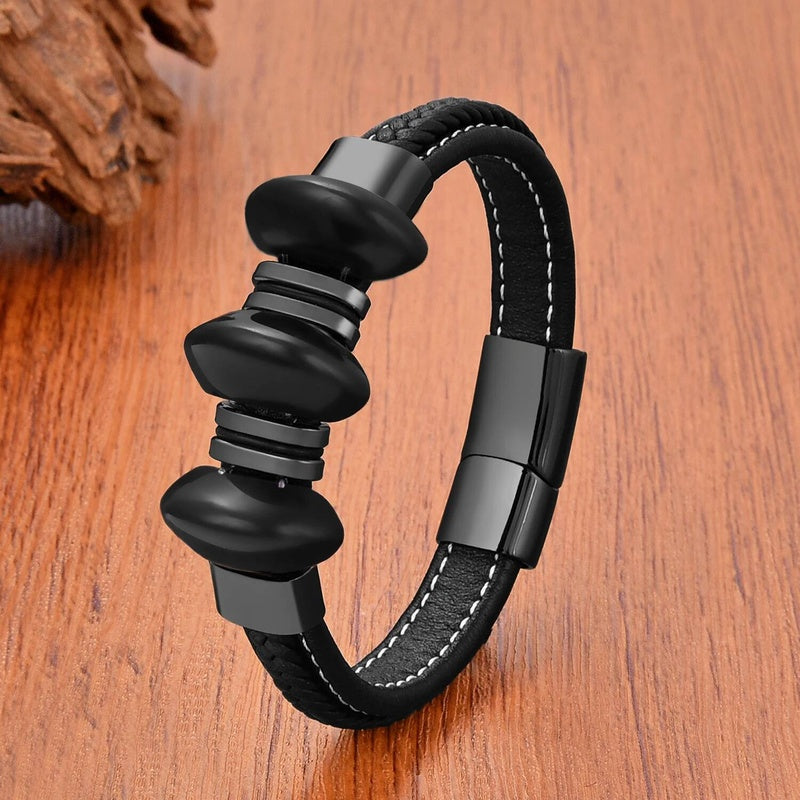 Black Braided Leather Bracelet with Green Jade Beads - Stylish Multi-Layer Magnetic Clasp Jewelry for Casual Wear and Gifts Black Agate