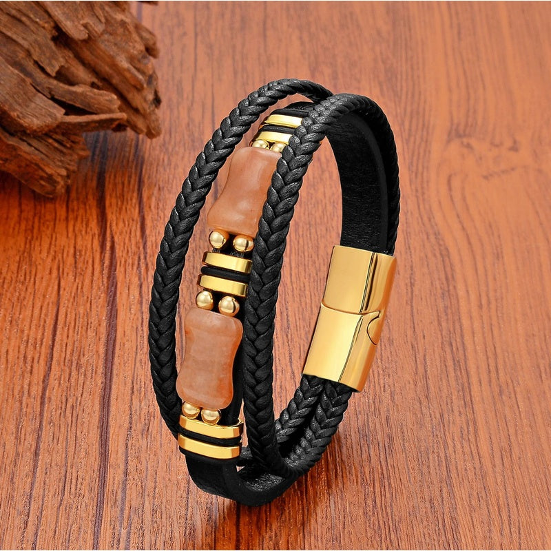 Men's Green Jade Leather Bracelet for Unique Gifts Orange Stone-Gold